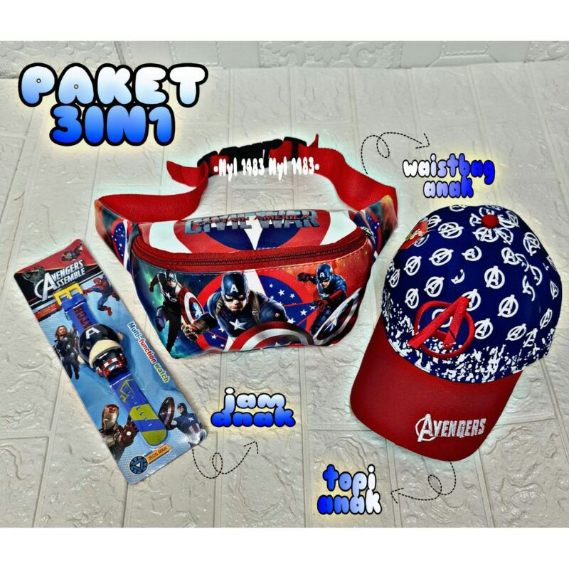 PAKET HEMAT 3IN1 TAS SELEMPANG ANAK LAKI LAKI TOPI ANAK DAN JAM ANAK AVENGER WAISTBAG ANAK