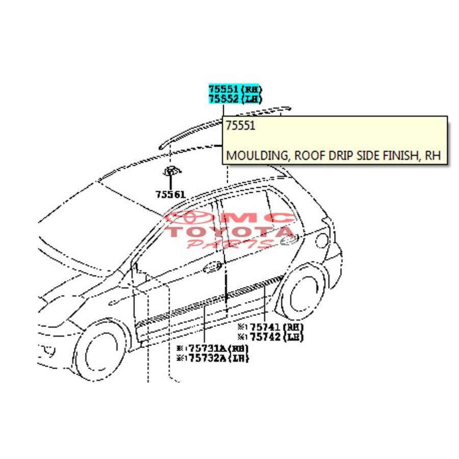 Moulding Roof Karet Atap Yaris 2006-2012 75551-0D080