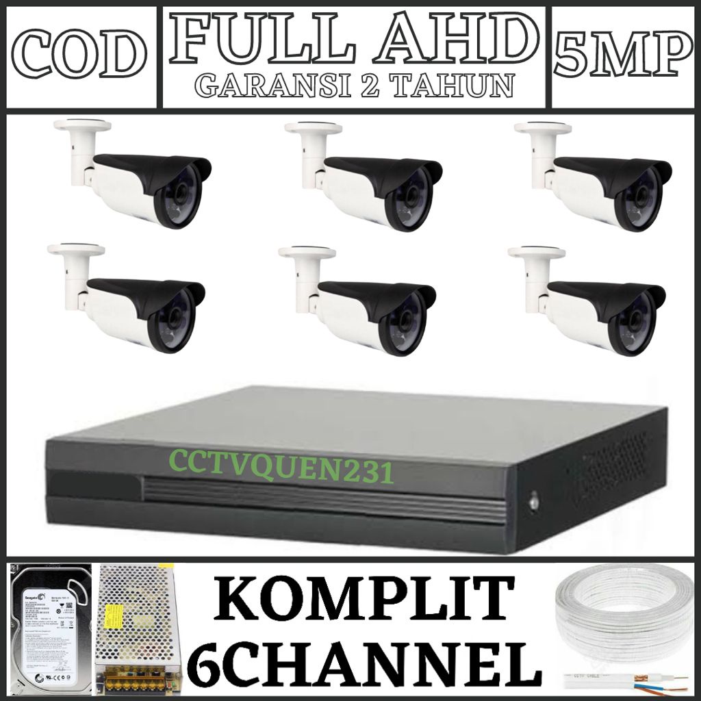 PAKET CCTV 8 CHANNEL 6 KAMERA OUTDOOR 5MP FULL AHD IR SONY 1080P KOMPLIT TINGGAL PASANG