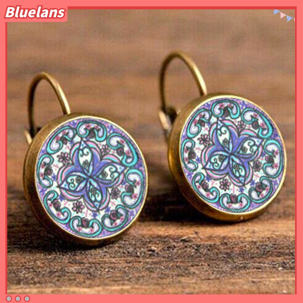 Bluelans Anting Klip Bentuk Bulat Motif Bunga Mandala Gaya Retro Untuk Wanita