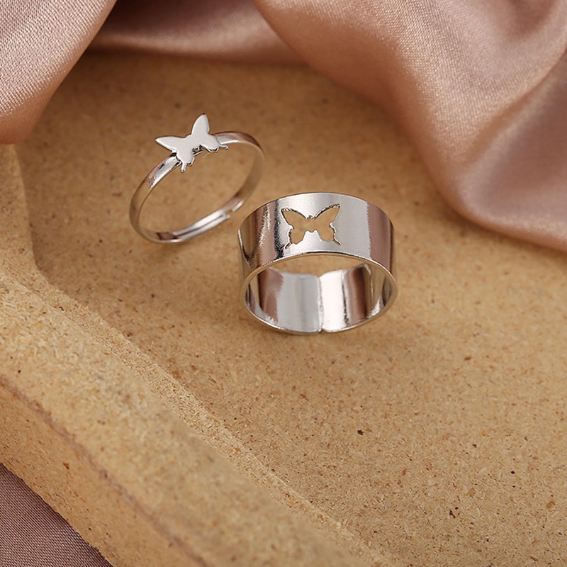 2pcs Cincin Jari Telunjuk Kombinasi Desain Kupu-Kupu Gaya Punk Untuk Pasangan