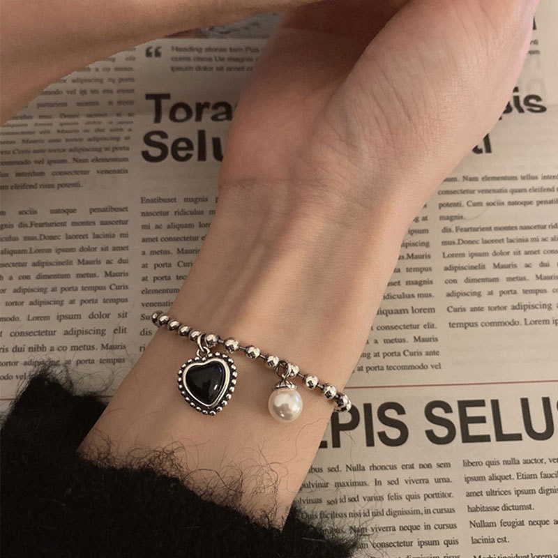 Gelang Onyx Bentuk Hati Warna Hitam Gaya Korea