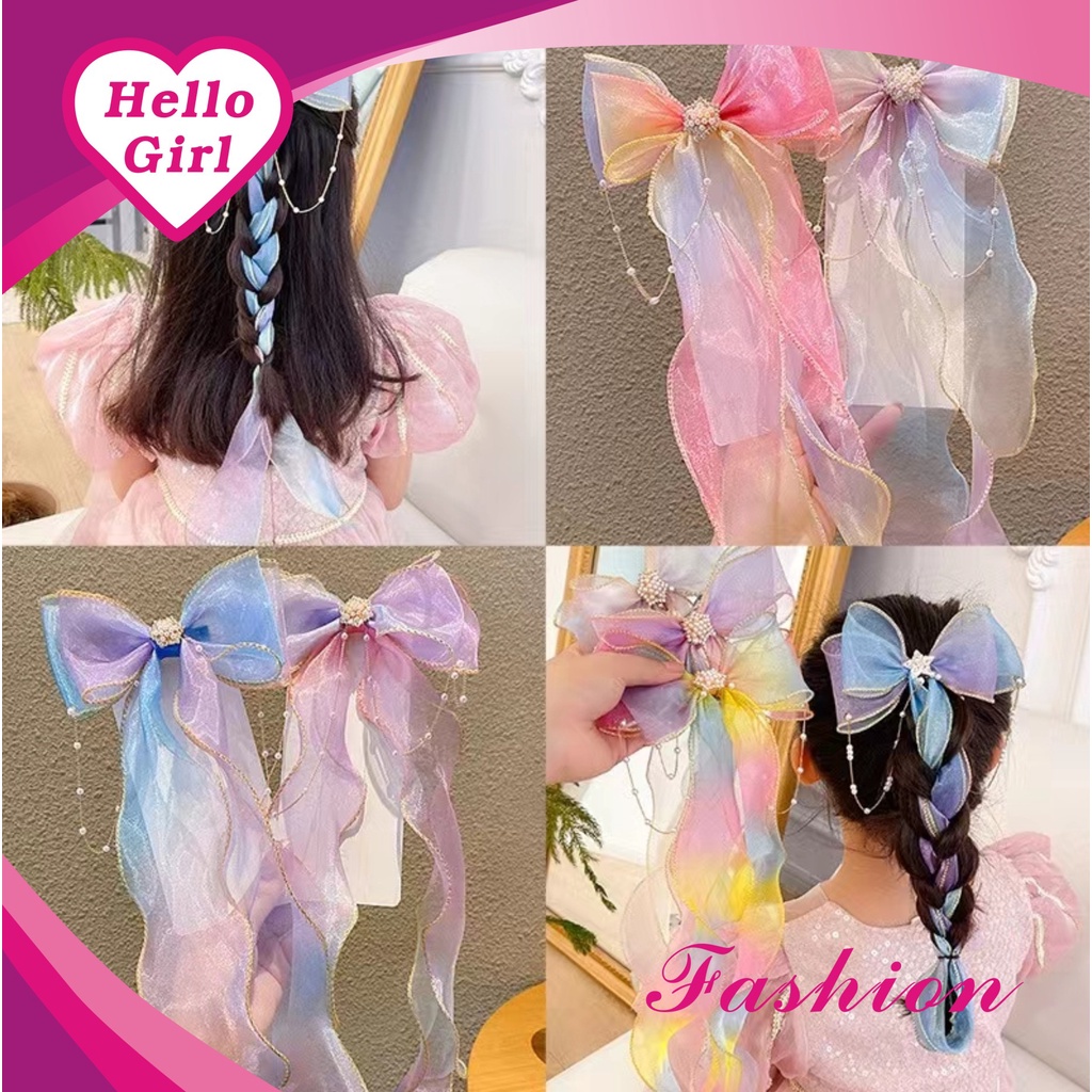 (Hello Girl)F69 Jepit Dan Ikat Rambut Anak Pita Panjang Motif Snow Motif Mutiara