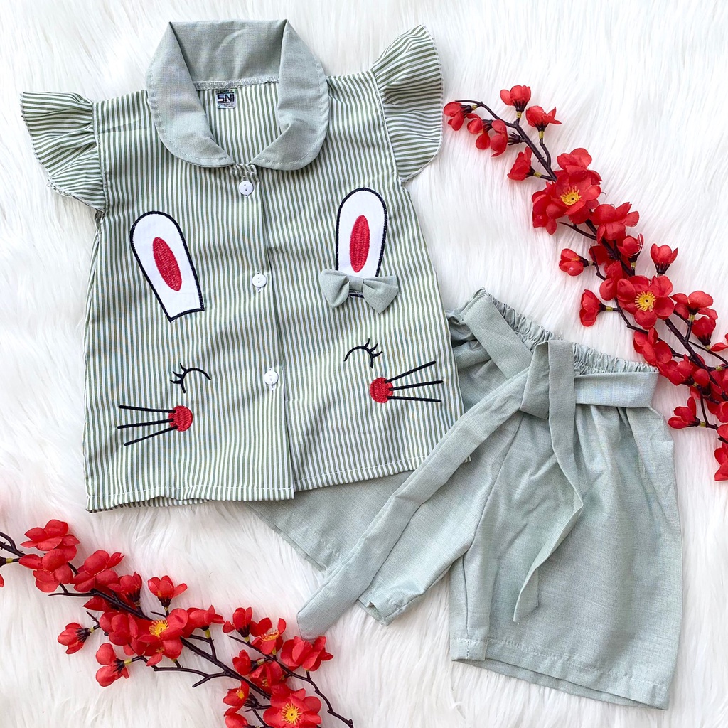 Baju setelan kemeja celana gambar kelinci lucu fashion anak bayi cewek perempuan murah -kem