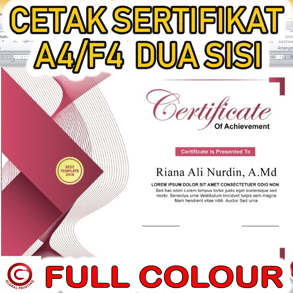 

CETAK SERTIFIKAT / PRINT SERTIFIKAT - A4/F4 DUA SISI