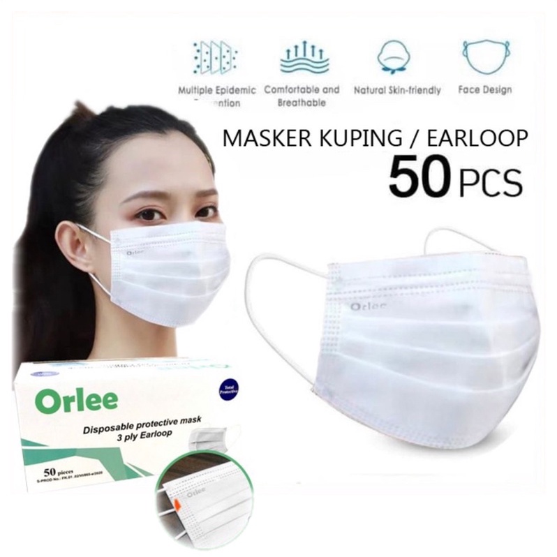 Masker 3 Ply Putih Orlee Medis Earloop Kemenkes Box 50 Pcs