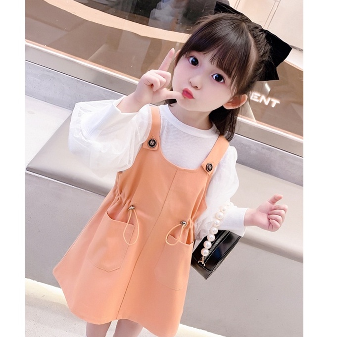 NEW DR28-Dress Overall Anak Perempuan 2in1 Fluffy Shoulder