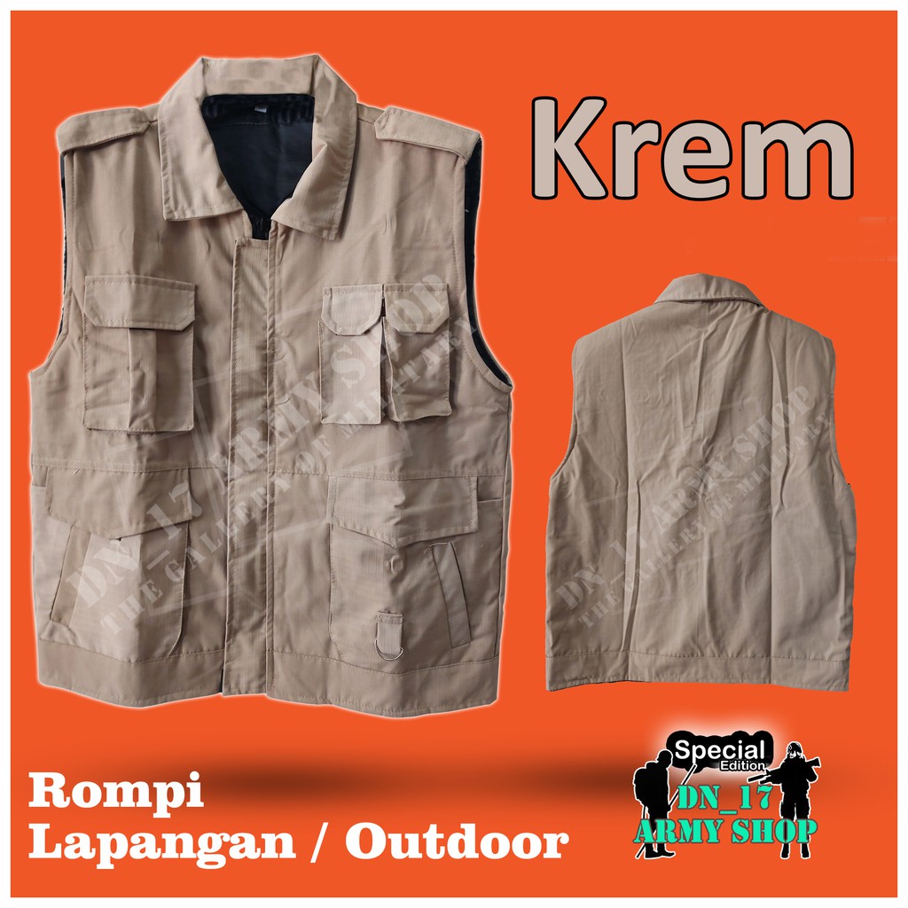 Rompi Lapangan / Outdoor / Bodyvest Hitam, Krem Ripstop Kerah