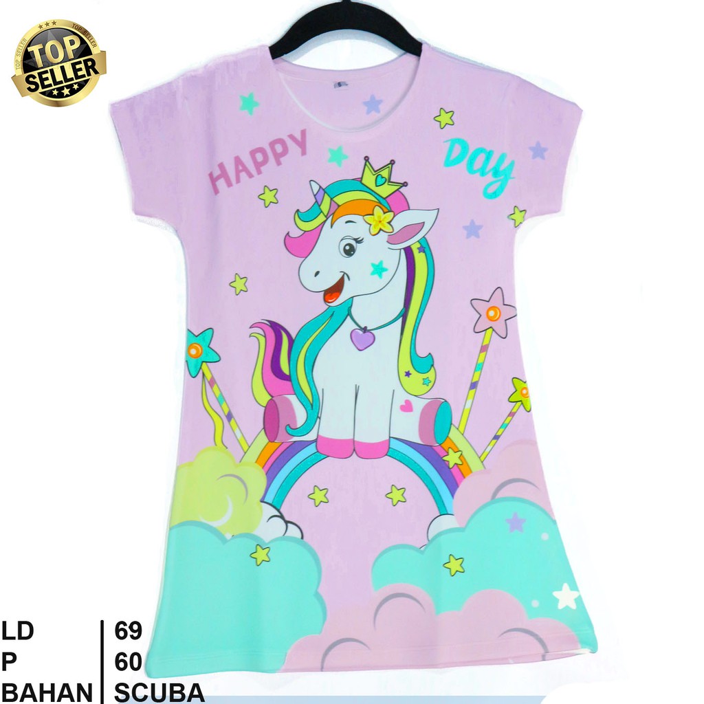  Kaos  anak Unicorn  Happy Day bahan scuba usia 2thn s d 