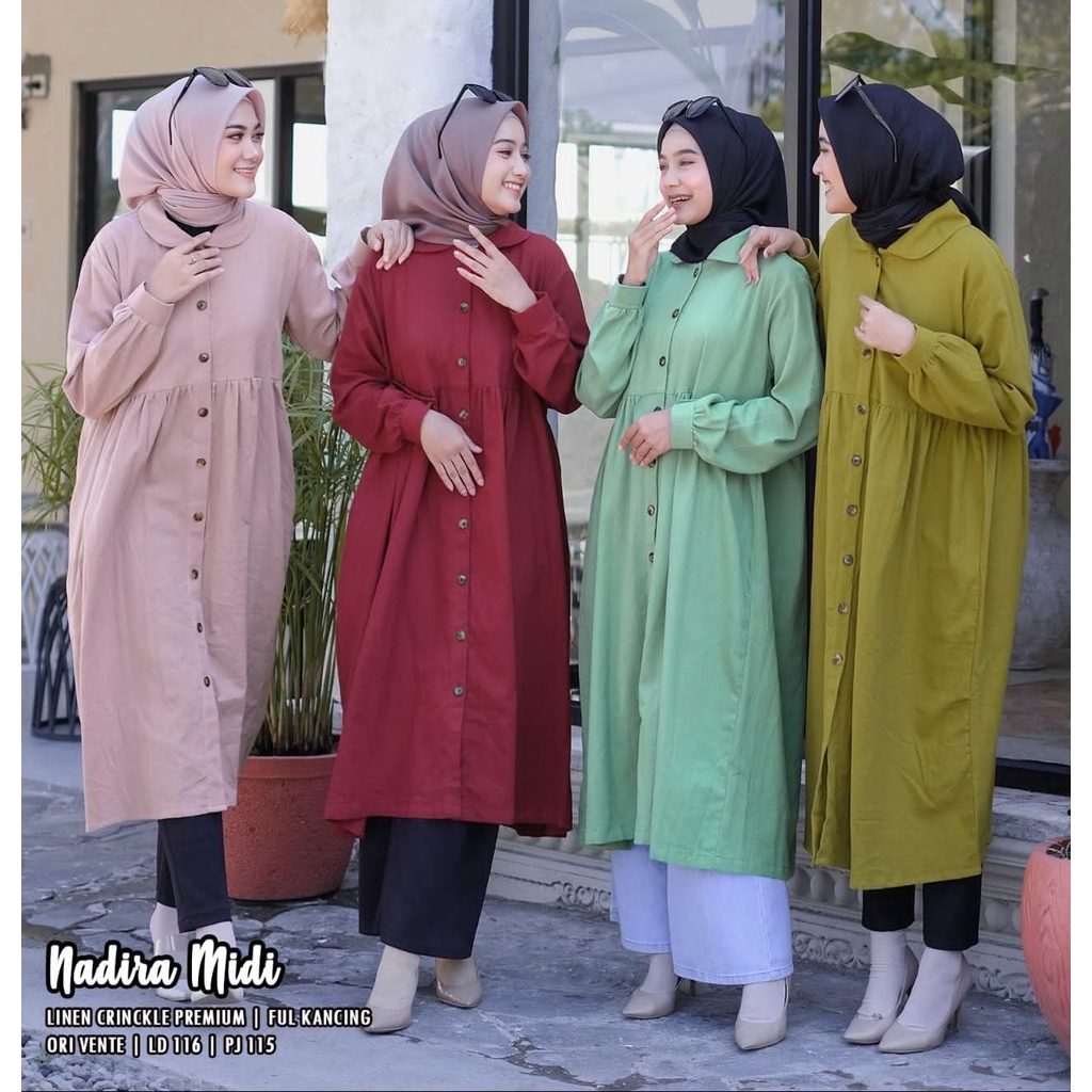 Long Tunik Midi // Basic Tunik Linen Crinkle // Midi Dress Kancing Busui Friendly (NADIRA)