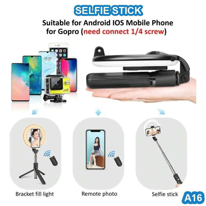 A16 Selfie Stick + Ringlight + Tripod + Tongsis + Remote Control Bluetooth 4 in 1