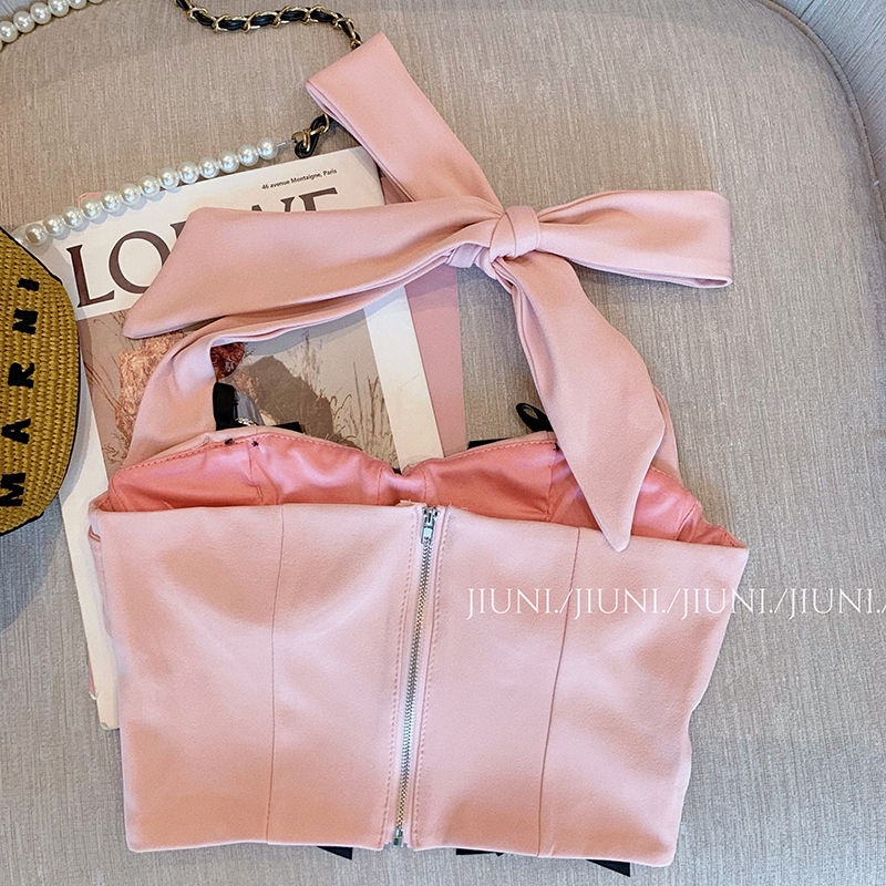 Suhao busur pink halter neck atasan pendek wanita high-end Perancis 2022 baru musim panas gaun temperamen wanita manis