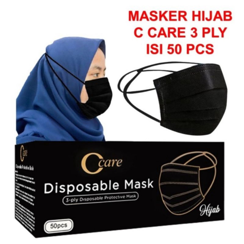 Masker Hijab Hitam Disposable Mask - Masker Medis Headloop Disposable Surgical Mask Bedah Medis