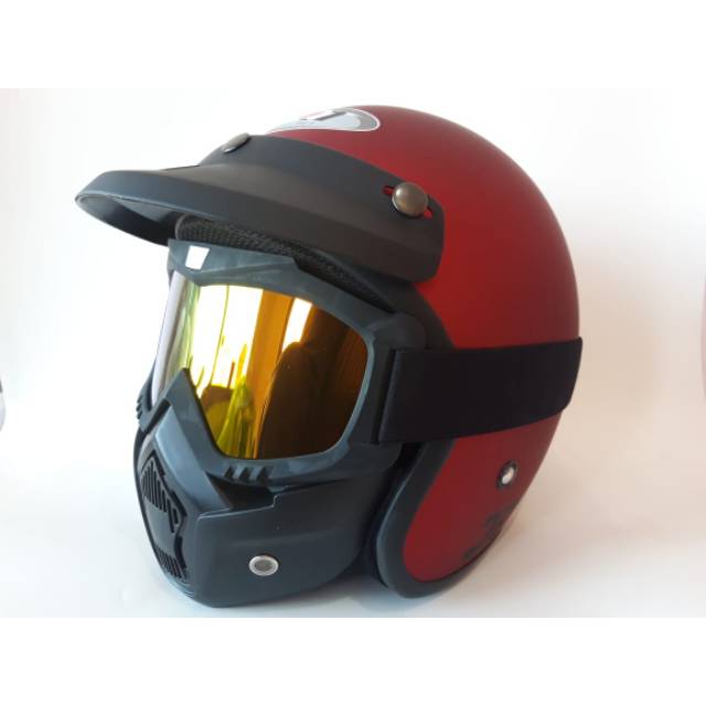 ( COD )Helm bogo retro jpn maroon doff plus google mask