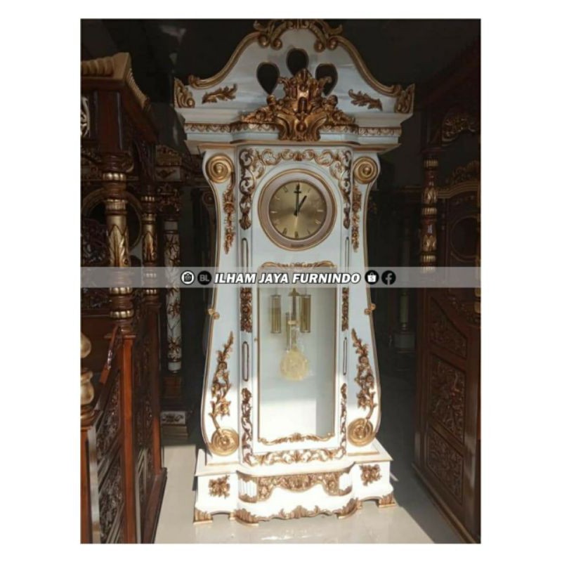 ALMARI JAM HIAS JATI UKIR JEPARA DUCO PUTIH GOLD - IJF180