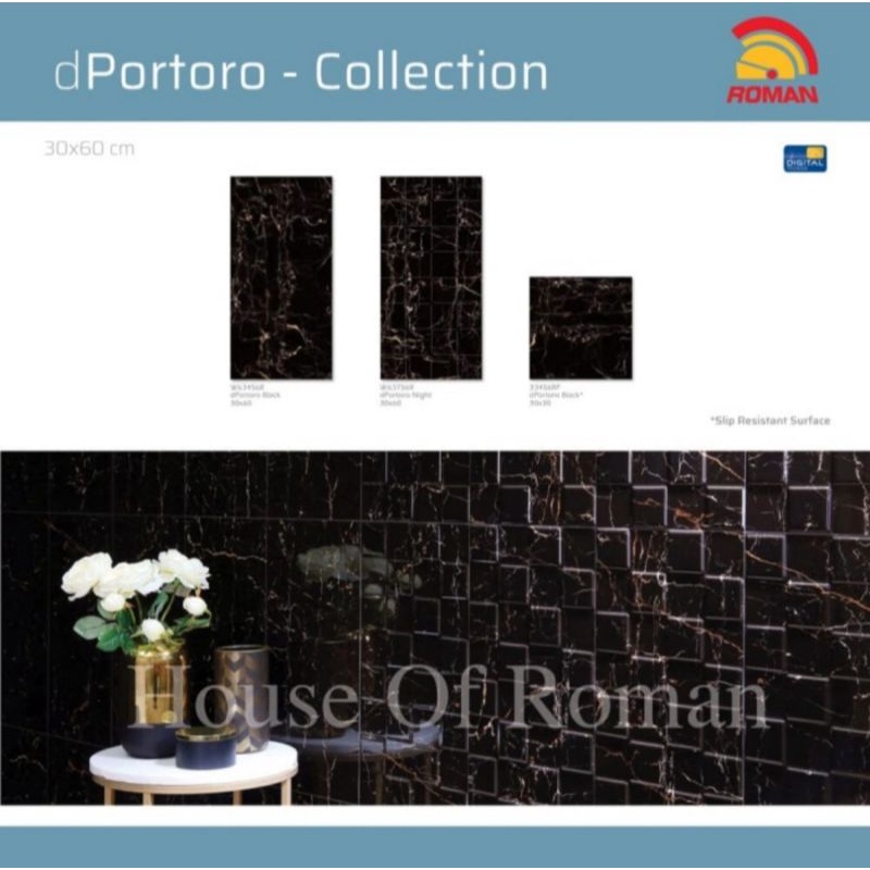 Roman Keramik dPortoro Series (Gloss Mood) / Keramik Kamar Mandi Hitam / Keramik Dinding Hitam / Ker