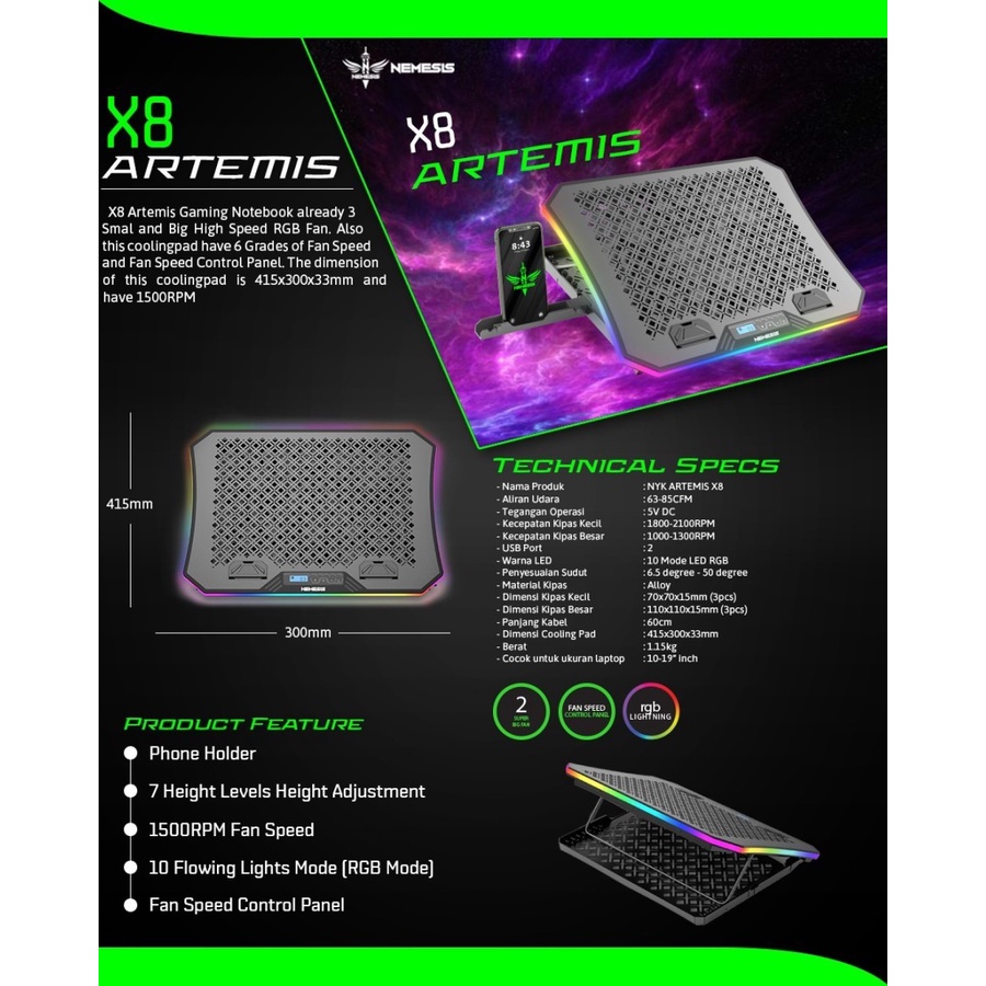 Coolingpad Cooling pad NYK Nemesis RGB X8 Artemis with Phone Holder