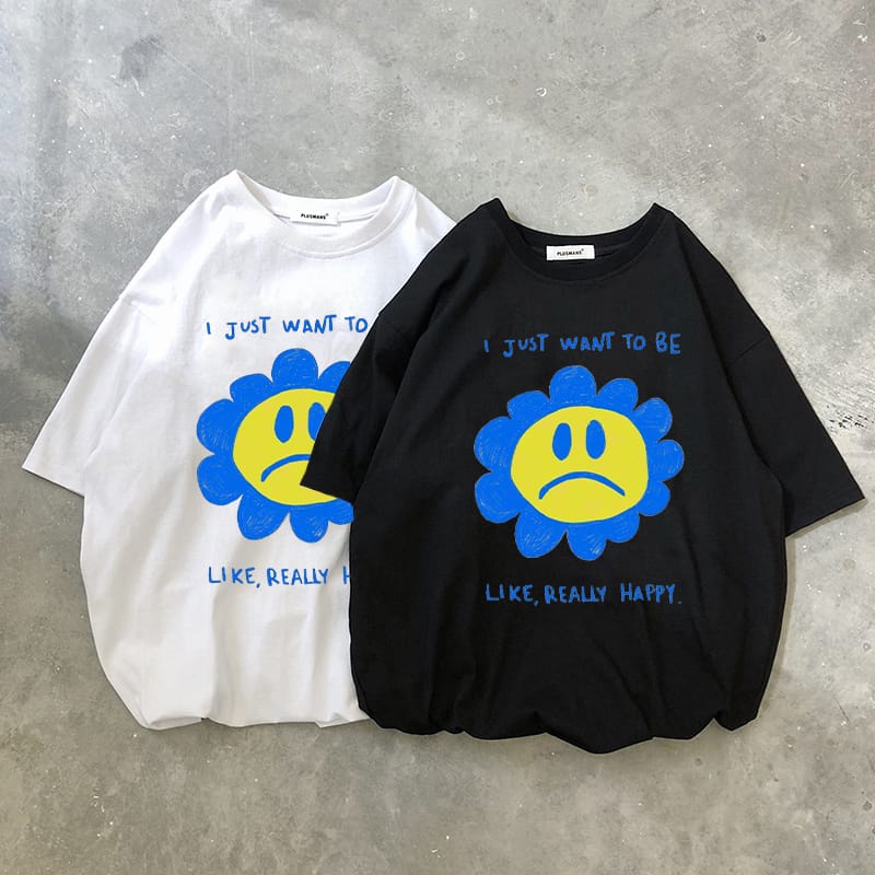MYSTIQUE.ID-BAJU KAOS COUPLE WANT TO BE HAPPY T-SHIRT LUCU DAN AESTHETIC
