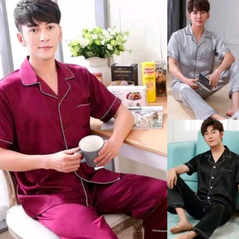 PIYAMA JUMBO SATIN PRIA DEWASA POLOS SET CELANA BAJU TIDUR COWOK LENGAN PENDEK