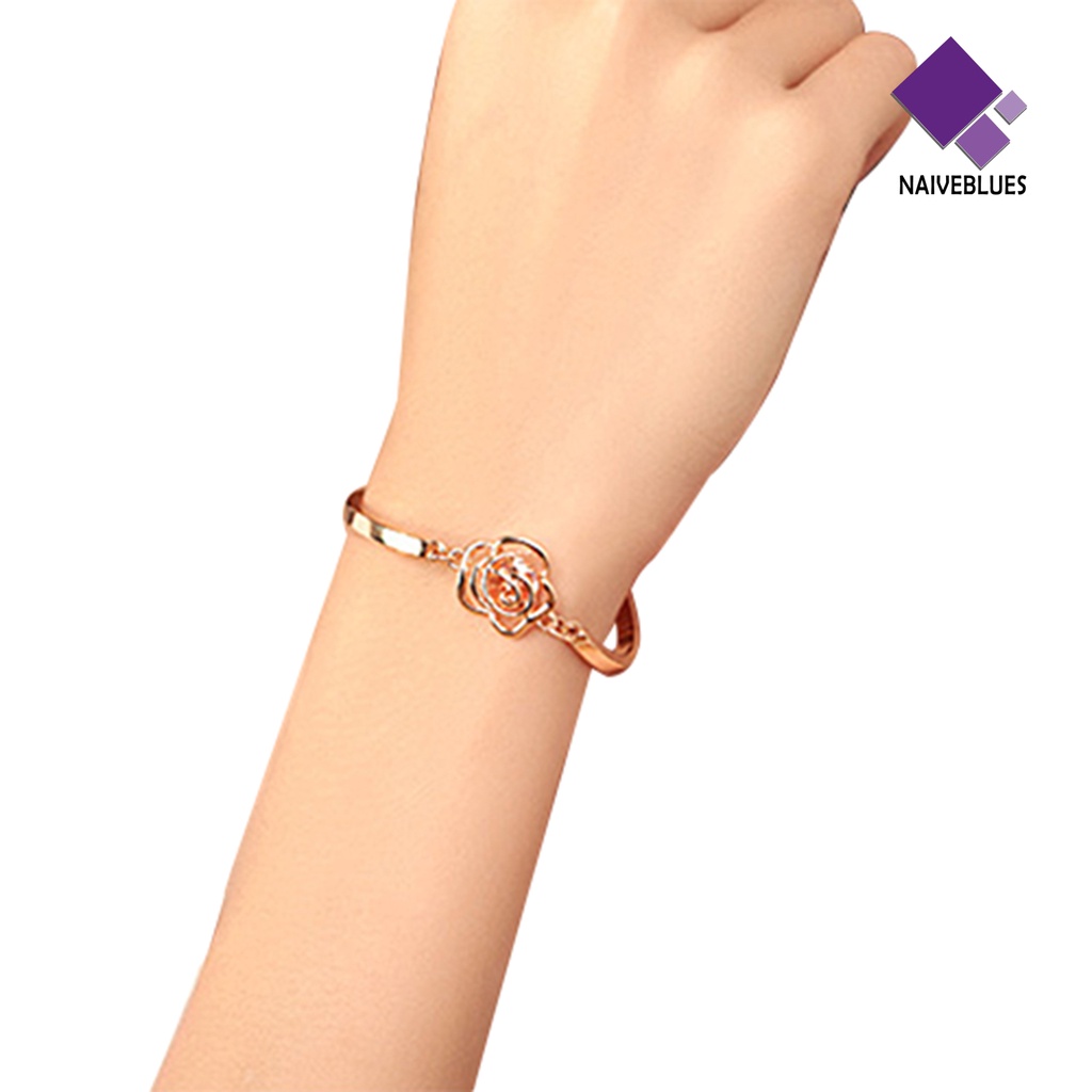 Naiveblue &gt; Gelang Tangan Rantai Cuff Motif Bunga Mawar Aksen Kristal Warna Gold Untuk Perhiasan Wanita