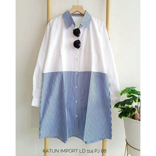 Zarra Tunik warna putih combi biru long tunic kombinasi Katun cewe ukuran size XXL casual motif gari