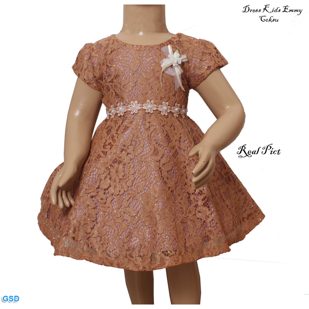 Dress Kids emmy/Baju Party Anak Brukat Gliter/Pakaian Anak Trendy/Brukat Anak Ada renda