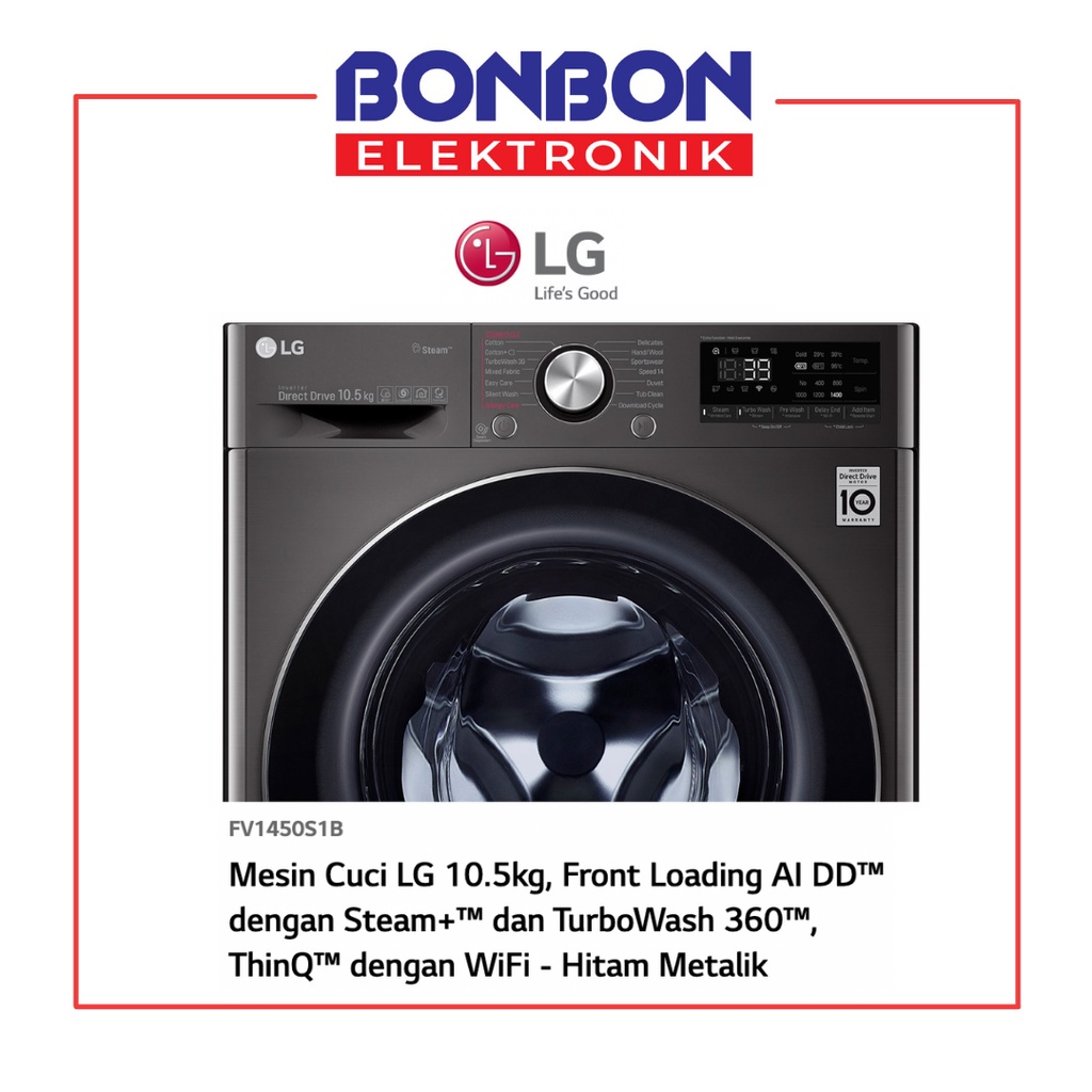 LG Mesin Cuci Front Loading 10.5KG FV1450S1B Inverter ThinQ Wifi