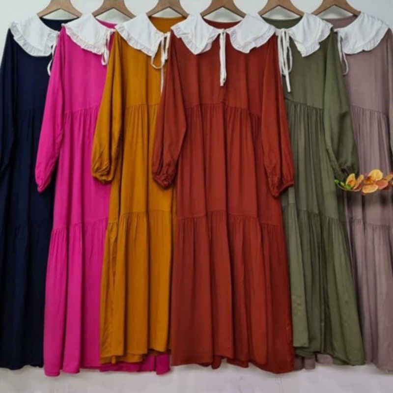 NURRYN BASIC MIDI DRES KERAH PUTIH LONG TUNIK RAYON POLOS GAMIS KOREAN STYLE FASHION MUSLIM  MIDI DR