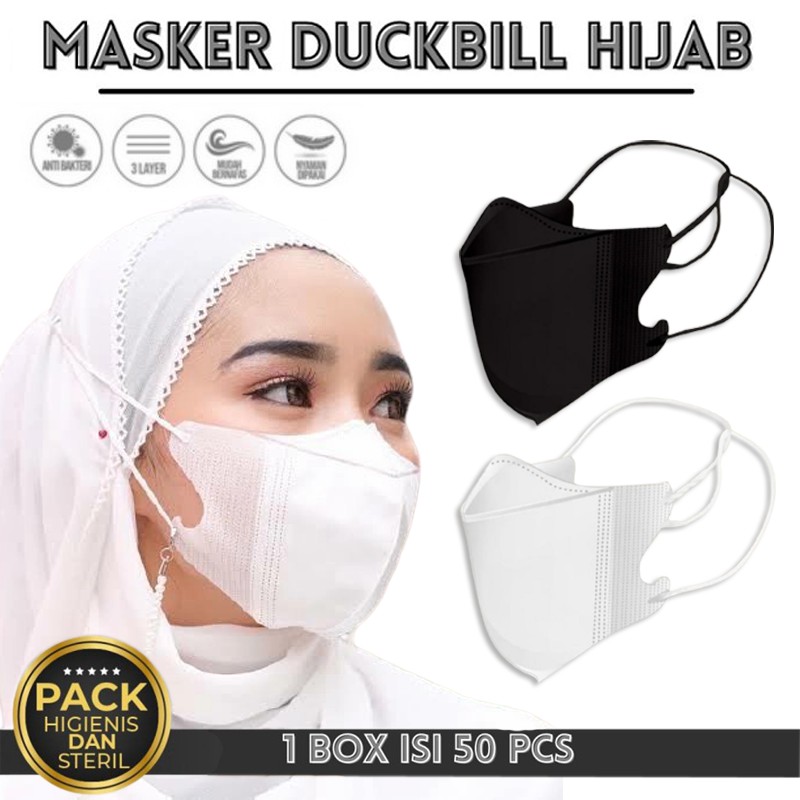 BARU isi 50PCS Masker Hijab Duckbil Face Mask Masker Mulut Headloop Disposable Mask Masker Kesehatan