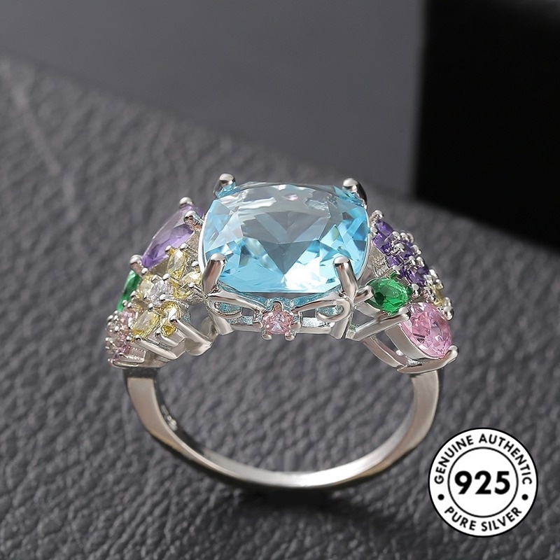 Cincin Sterling Silver 925 Dengan Batu Permata Kotak Warna-Warni Untuk Wanita