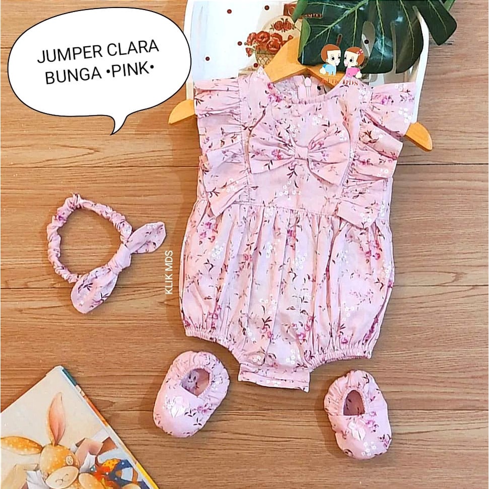 Jumper Anak Bayi Perempuan Motif Clara Bunga Free Sepatu Dan Headband Usia 0-9 Bulan