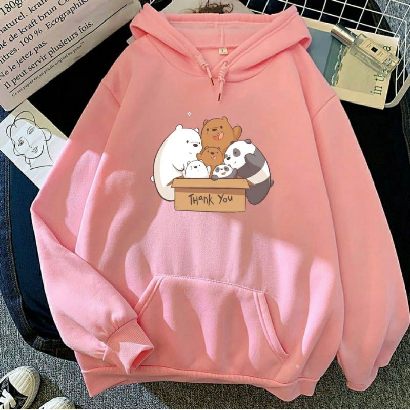 Hoodie Wanita Korea Oversize We Bare Bears FAMILY BOX Anime Kartun Anak Remaja Cewek Cowok 4 Warna-Pink muda