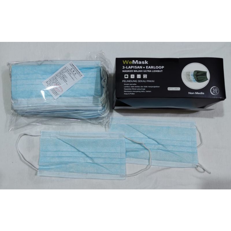 Masker Earloop 3 Ply Face Mask Biru 1 Box Isi 50 Pcs