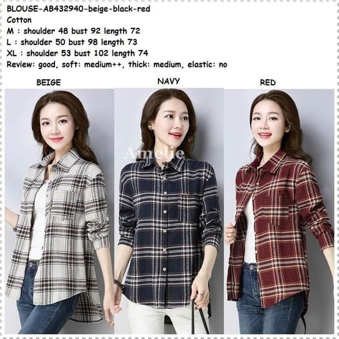  Model  Baru Baju  Kemeja Kotak Wanita Korea Import Ab432940 