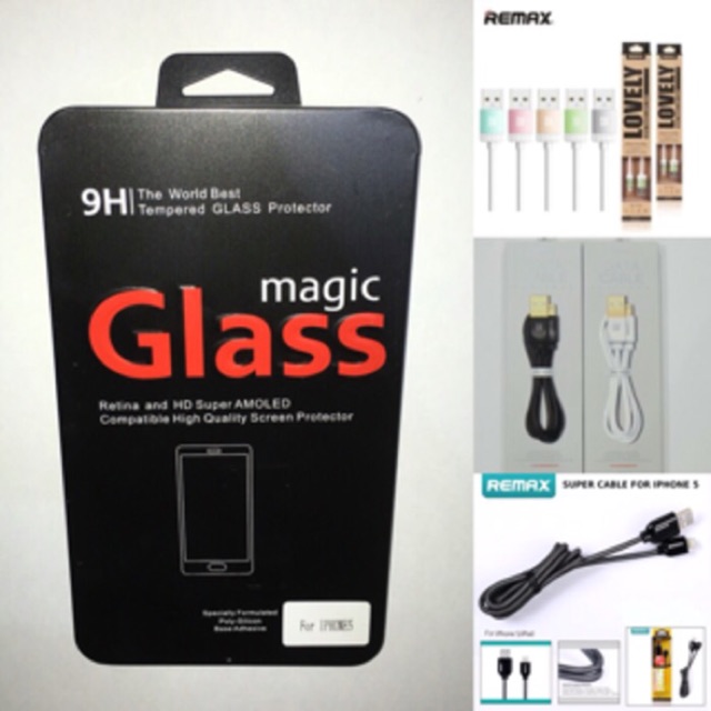 Paket iphone 5 / 5s Premium tempered glass + remax Original cable / kabel