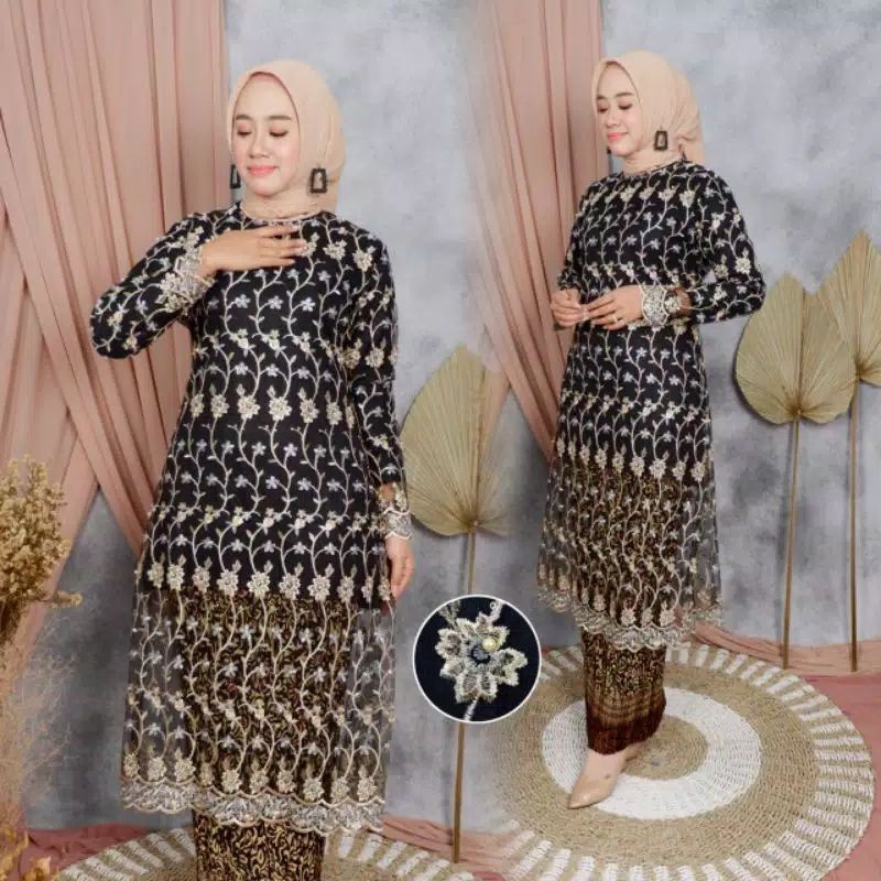 NEW REAL PICT SETELAN KEBAYATUNIK TULLE HITAM/KEBAYA IMPORT/KEBAYA KEKINIAN/KEBAYA BORDIR