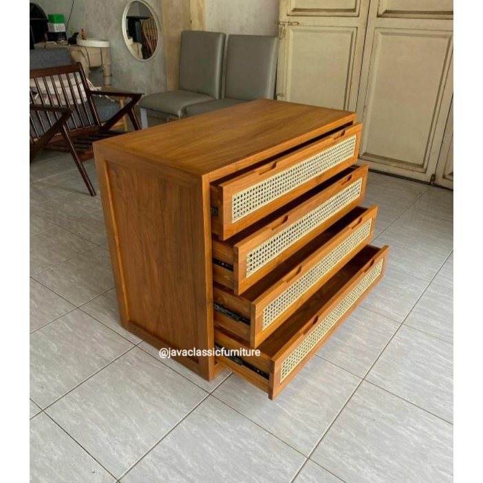 BUFET TV RETRO ROTAN MINIMALIS CABINET LACI 4 SCANDINAVIA PAJANGAN RUANG TAMU SERBAGUNA BAHAN KAYU JATI TPK MEBEL FURNITURE-2