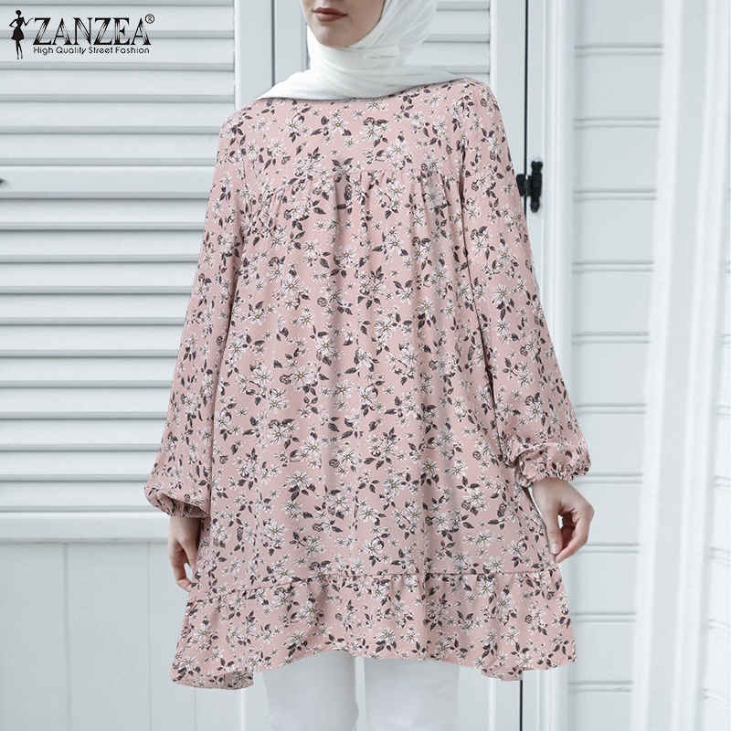 ZANZEA Women Long Sleeve Elastic Cuff Printed Casual Loose Muslim Blouse