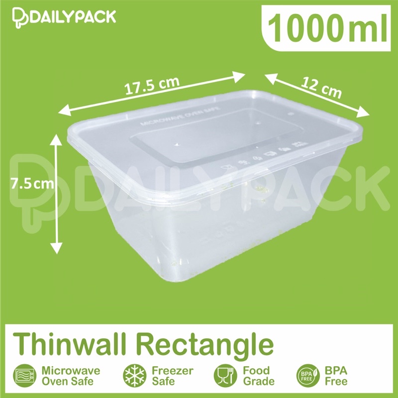 Thinwall RECTANGLE 1000 ml + Tutup / PERSEGI PANJANG / Kotak makan plastik / Food Container