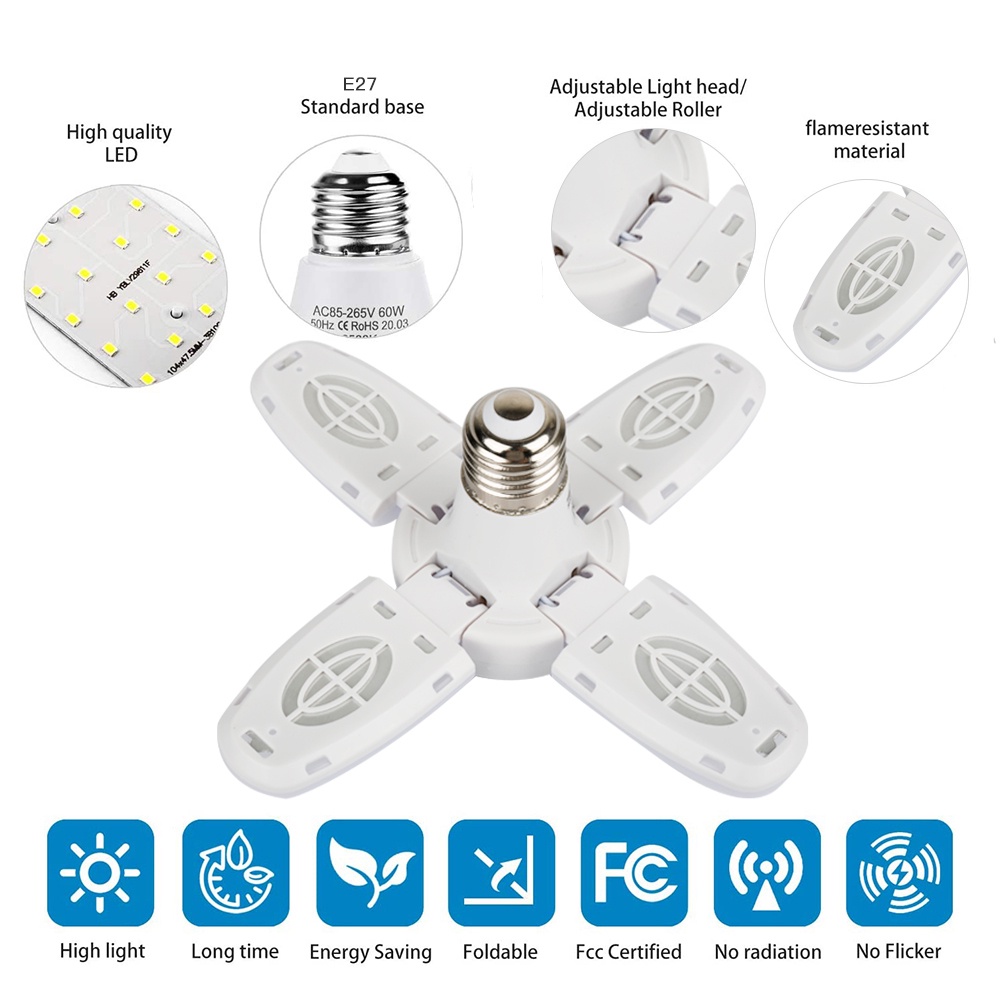 Lampu Langit-langit Garasi Led Dapat Dilipat 38W Lampu Garasi Led 3800lm dengan 4 Panel Dapat Disesuaikan 6500K Lampu Dapat Diubah Ac85-265v