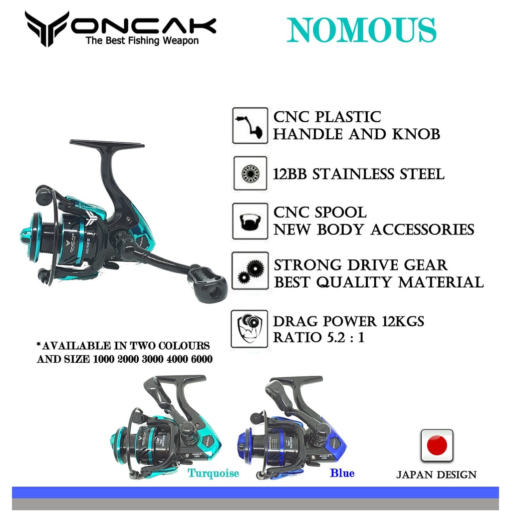 Reel Oncak Nomous 12 Bearing 12 Kg CNC Spool Handle Spinning Ril Pancing 1000 2000 3000 Original