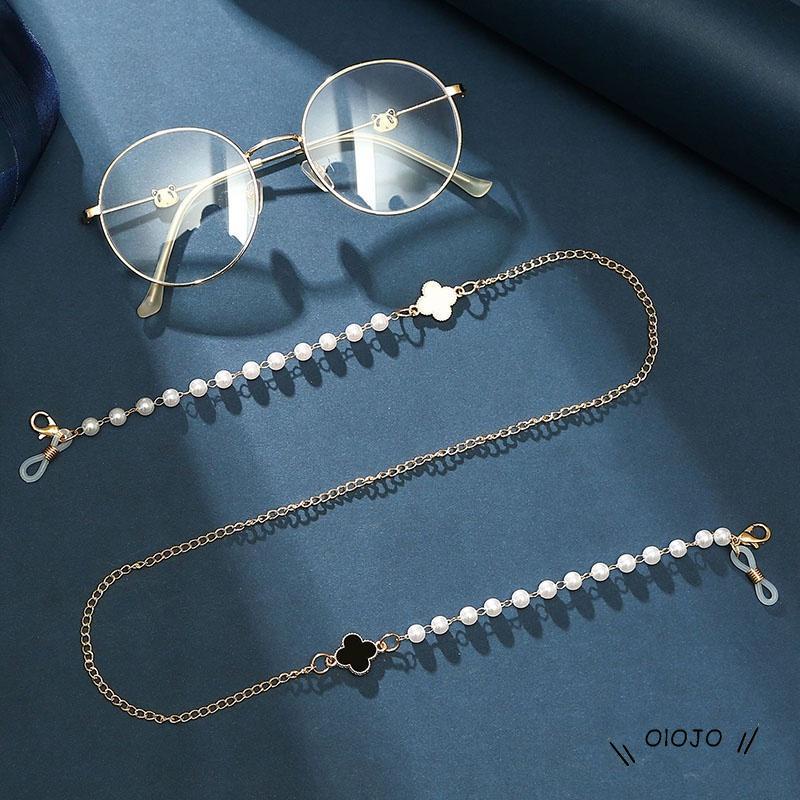 Tali Rantai Kacamata Gantung Leher Anti Hilang Desain Clover Warna Hitam Putih Bahan Metal ol2