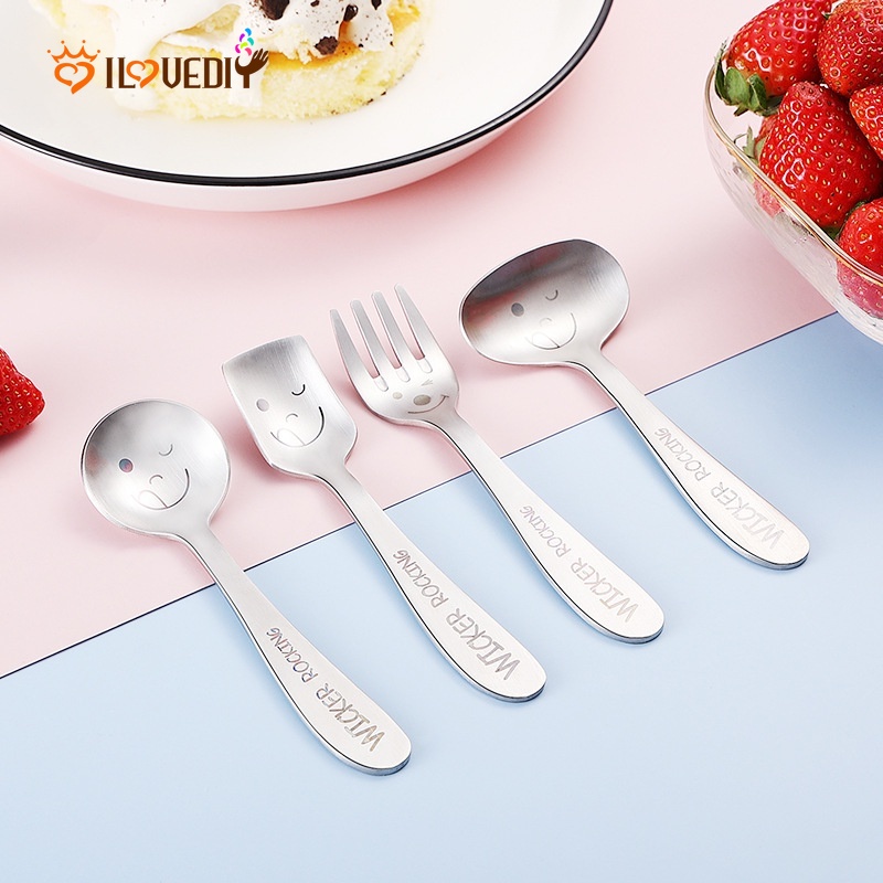 Sendok Garpu Teh / Nasi / Dessert Bahan Stainless Steel 304 Motif Kartun Smiley Untuk Anak