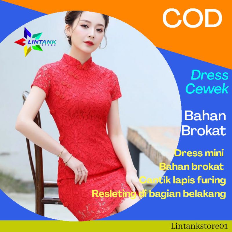 DRESS BRUKAT IMPORT DREES DRES BROKAT Casual Lengan Pendek Wanita Cewek Kekinian Korea Sanghai Imlek