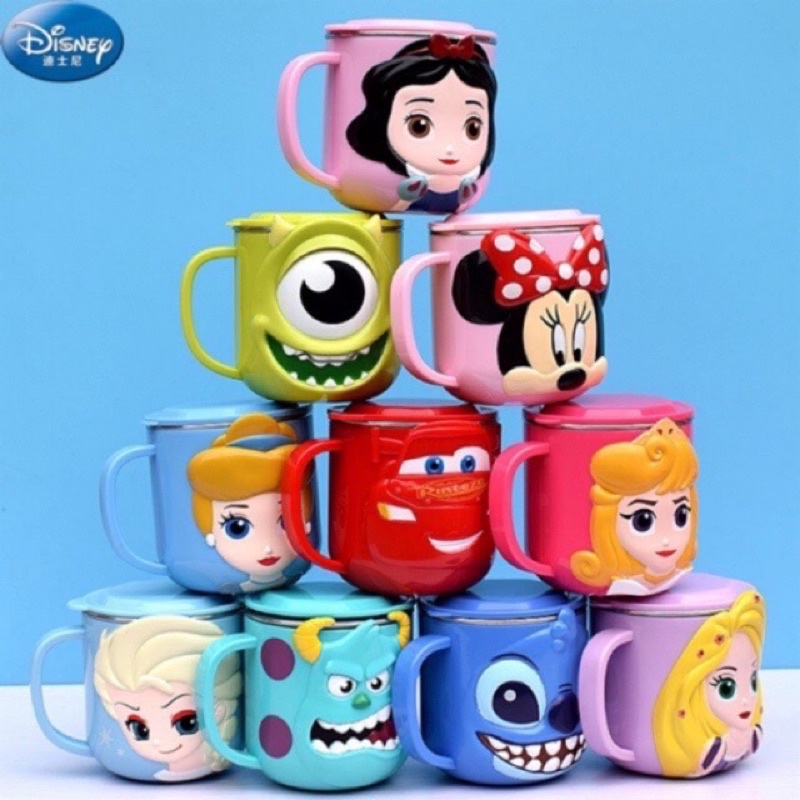 Gelas Mug Anak Disney 3D Princess Ada Tutup Stainless Steel