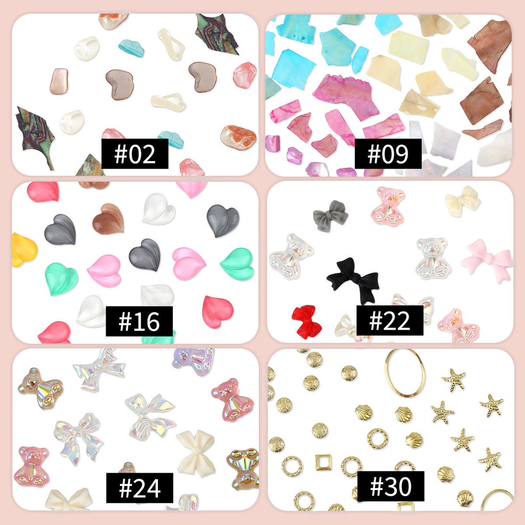 6 Gaya Ornamen 3d Cute Manicure Accessories Cartoon Nail Art Decorations Bentuk Beruang / Pita / Kerang Abalone / Kepingan Salju Untuk Dekorasi Nail Art DIY