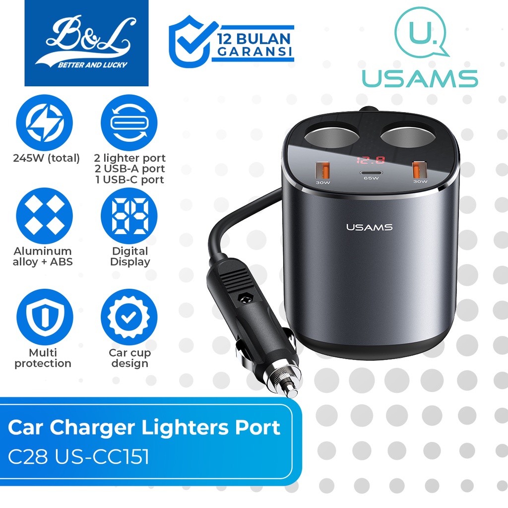 USAMS C28 Charger Mobil Fast Charging 125W + Dual Lighter Port 120W