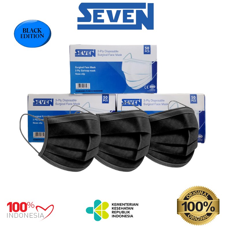 PiyamaKumu Masker Medis Seven Black | Masker SEVEN Earloop 3ply isi 50pcs