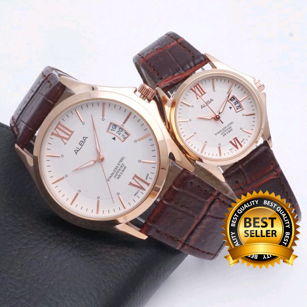 Jam Tangan Couple Alba Leather Strap Cowok Cewek Sepasang By jam Tali Kulit