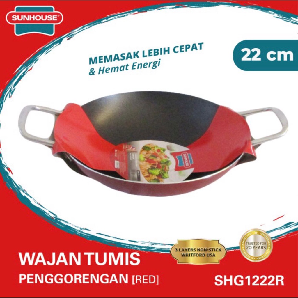 Wajan Tumis Sunhouse SHG 1222R Anti Lengket Hitam Merah 22cm